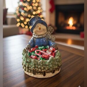 VTG! Snowman Candy Dish Ceramic Brown Green Glazed